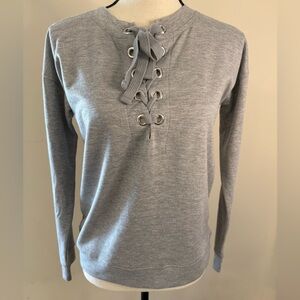 Pink Rose gray sweatshirt lace up front long sleeves casual layering fringe SZ S